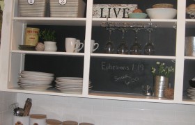 chalkboard open shelving cabinets