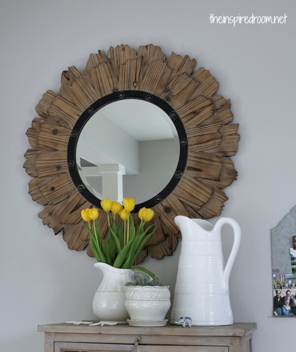 round rustic wood mirror