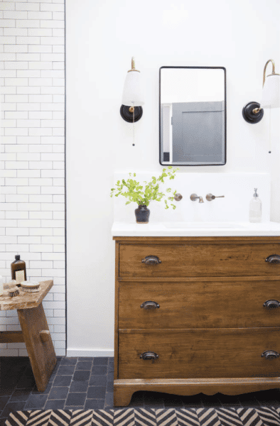 Bathroom Design - Wood Vanity and Subway Tiles -Lauren Liess