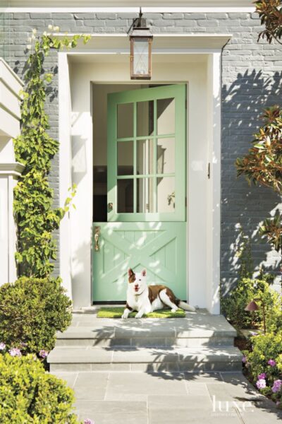 Mint Green Dutch Door - Pretty Gray Painted Brick House