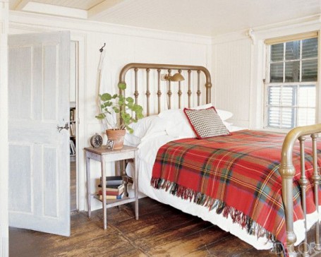 White Bedroom with Brass Bed and Red Plaid Blanket
