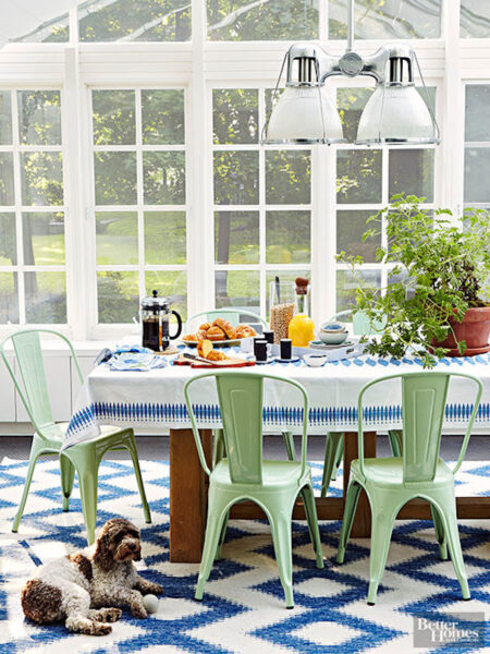 Pretty Spring Sunroom Dining Room - Mint Tolix Chairs