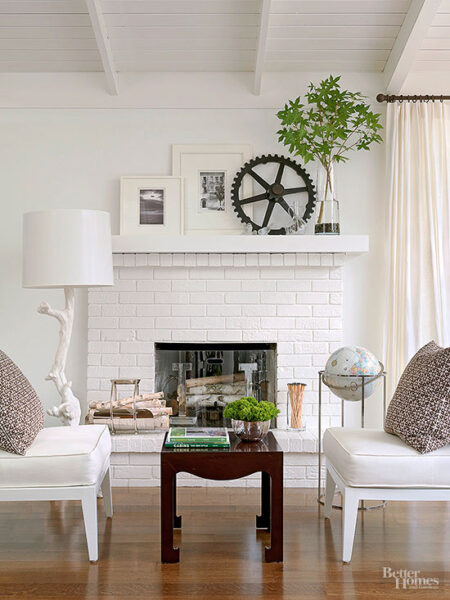 White Brick Fireplace with Mantel