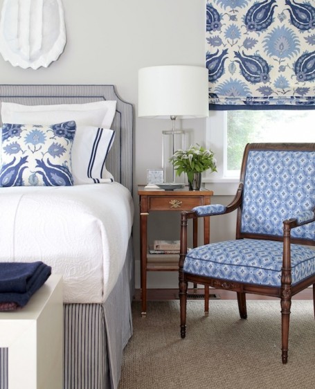 Classic Blue and White Bedroom - Brunschwig and Fils Kashmiri Linen Fabric