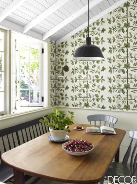 Green Botanical Wallpaper in  Dining Room Nook - White Paneled Ceiling - Designed by Rita Konig - Wallpaper by Pierre Frey - Photo by Eric Piasecki