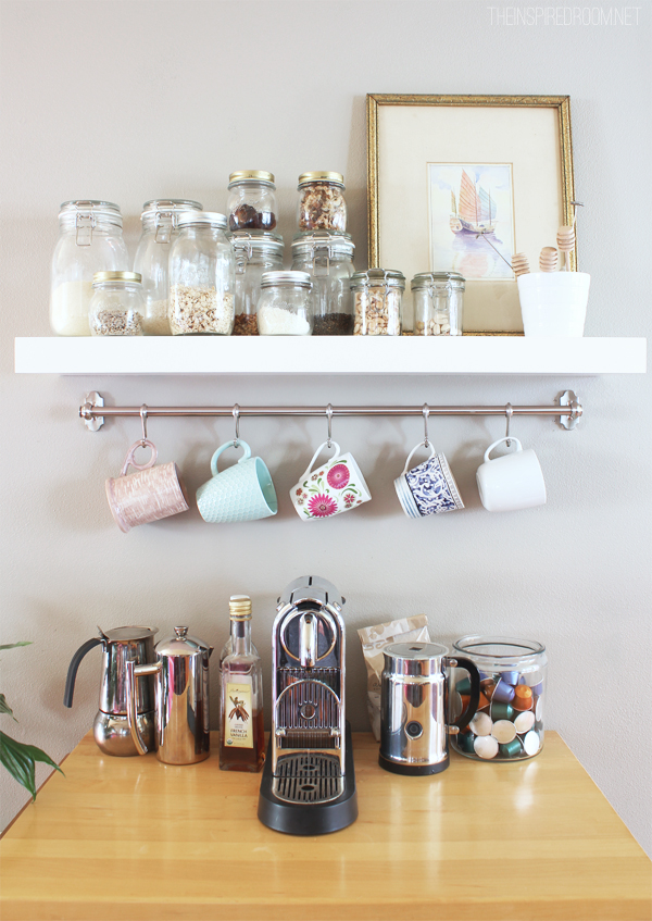 Kitchen shelf with cup hooks