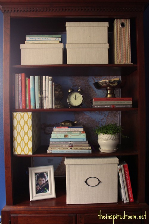 Lighten Up A Dark Bookcase -- without paint! {Home Office Makeover}