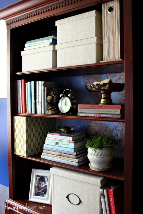 Lighten Up A Dark Bookcase -- without paint! {Home Office Makeover}