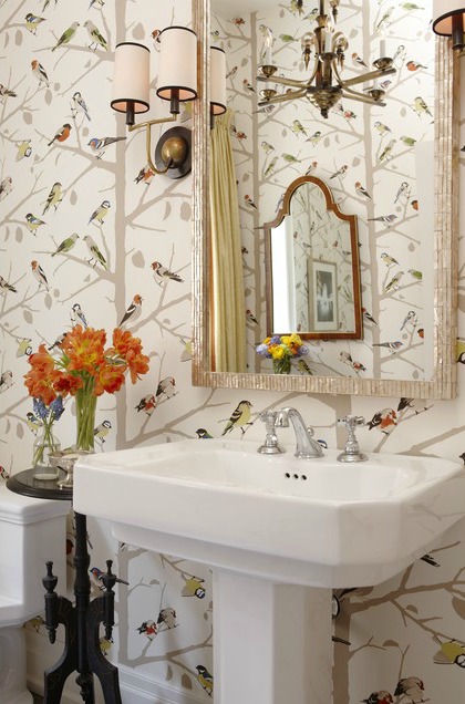 Sarah's House Powder Room {Bird Wallpaper Source}