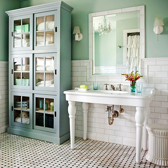 White and Light Blue Cottage Style Powder Room - Cottage - Bathroom