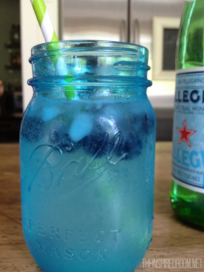 Pellegrino & Lime with Blueberry Ice {Drink in a Blue Mason Jar}