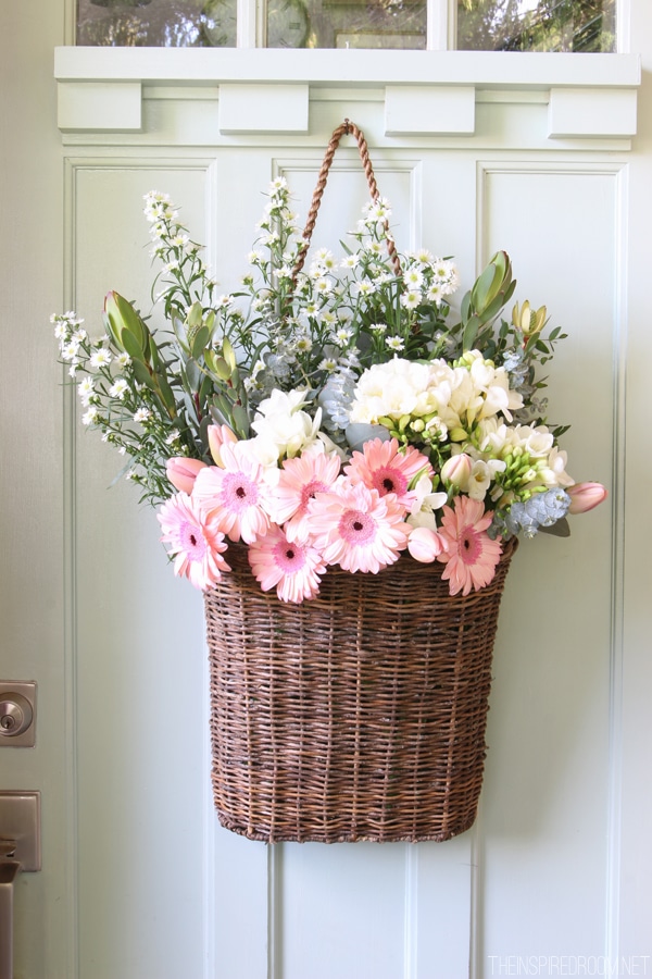 Fresh Cut Spring Flowers in a Door Basket - The Inspired Room