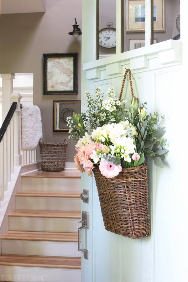 Fresh Cut Spring Flowers in a Door Basket - The Inspired Room