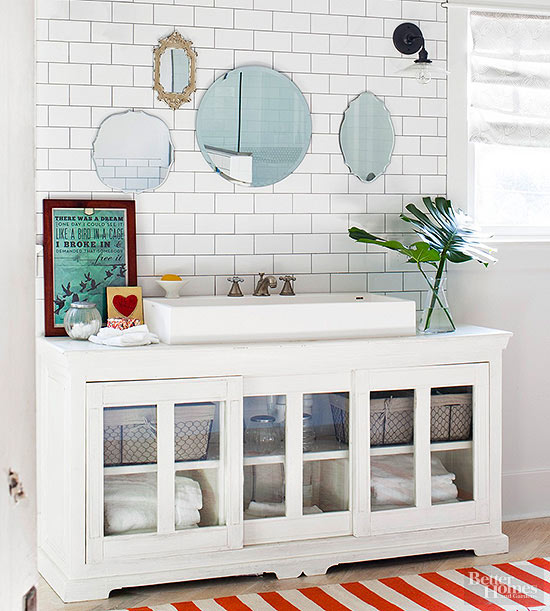 Repurposed furniture as a DIY Bathroom vanity - at home with Ashley