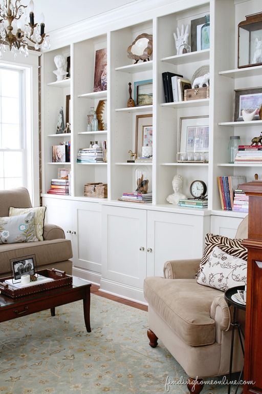 Built in cabinets with floating shelves  Built in shelves living room,  Dining room shelves, Kitchen remodel design