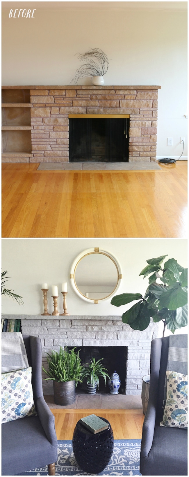 Painted Stone Fireplace Makeover