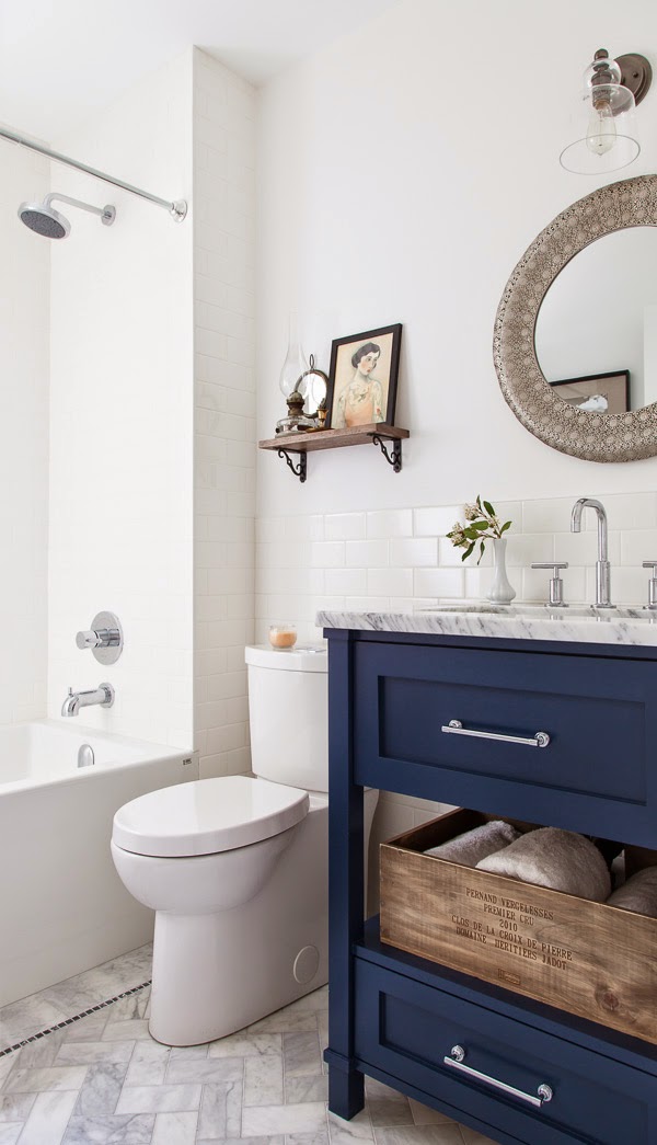 5 Navy White Bathrooms The Inspired Room   Navy Blue Vanity Blue And White Bathroom 