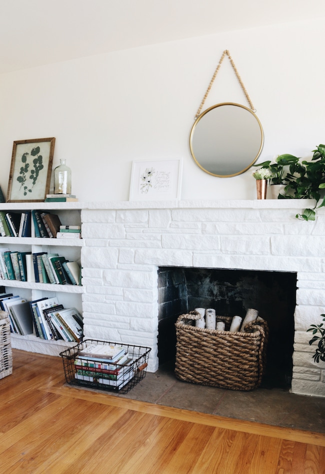 white stone fireplace