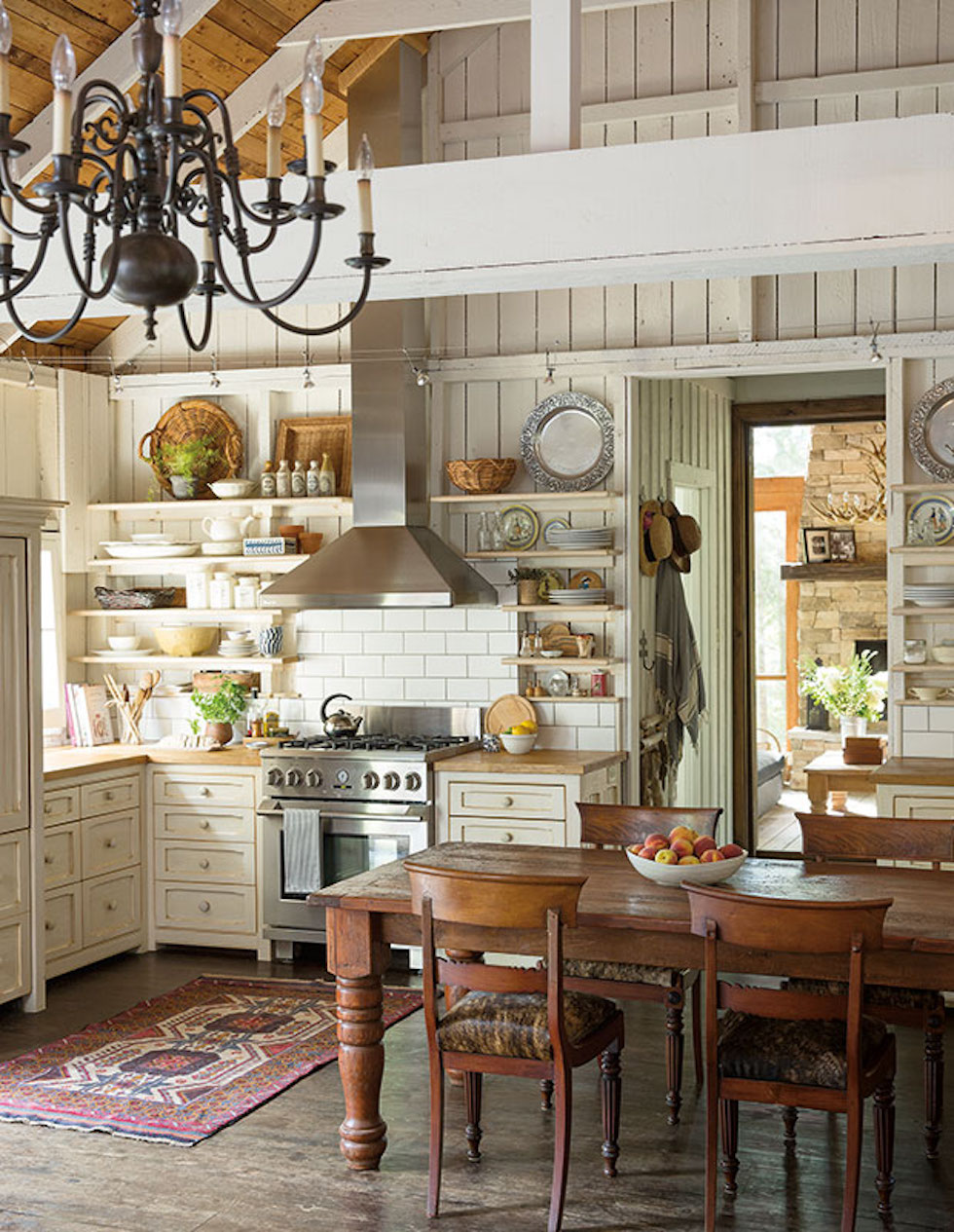 Green Wooden Kitchen Interior With Wooden Shelf And Cozy