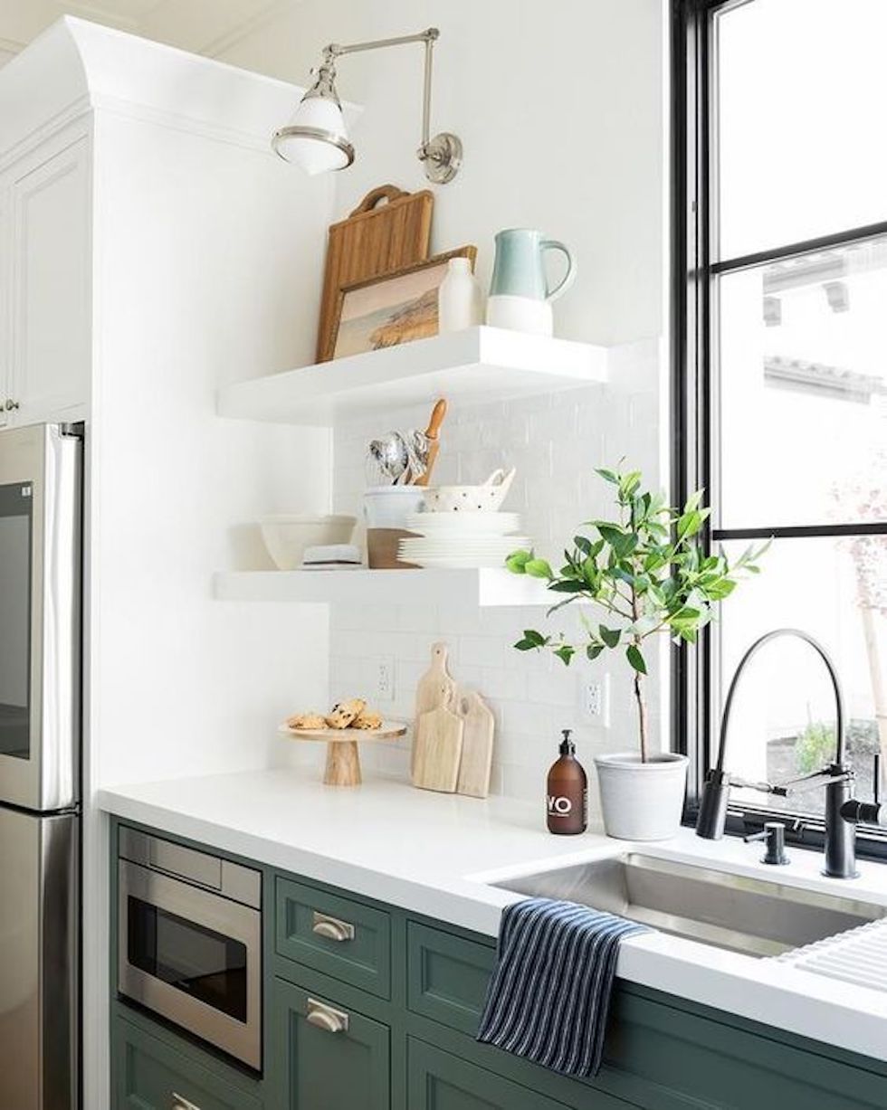 Green Wooden Kitchen Interior With Wooden Shelf And Cozy