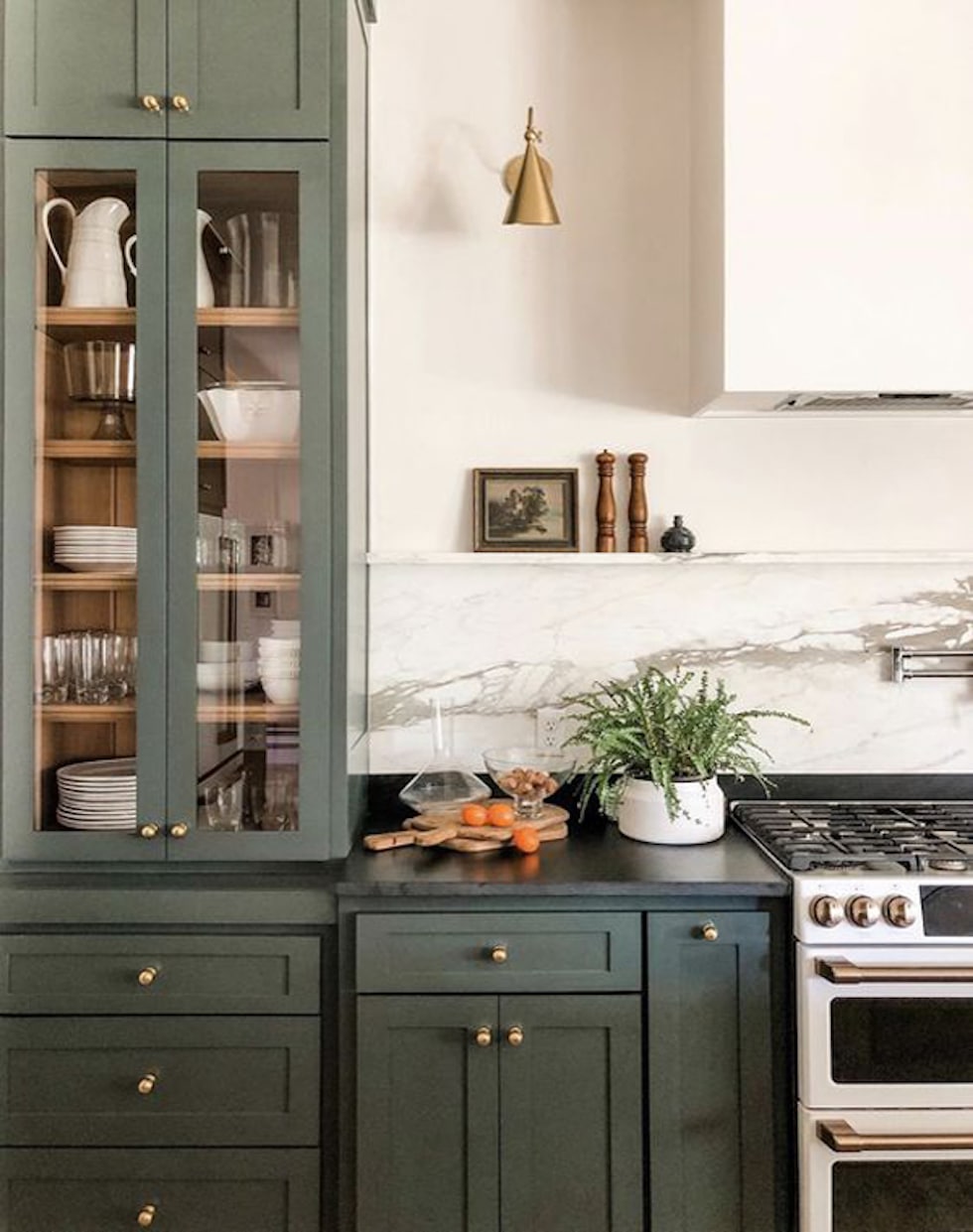 Green Wooden Kitchen Interior With Wooden Shelf And Cozy