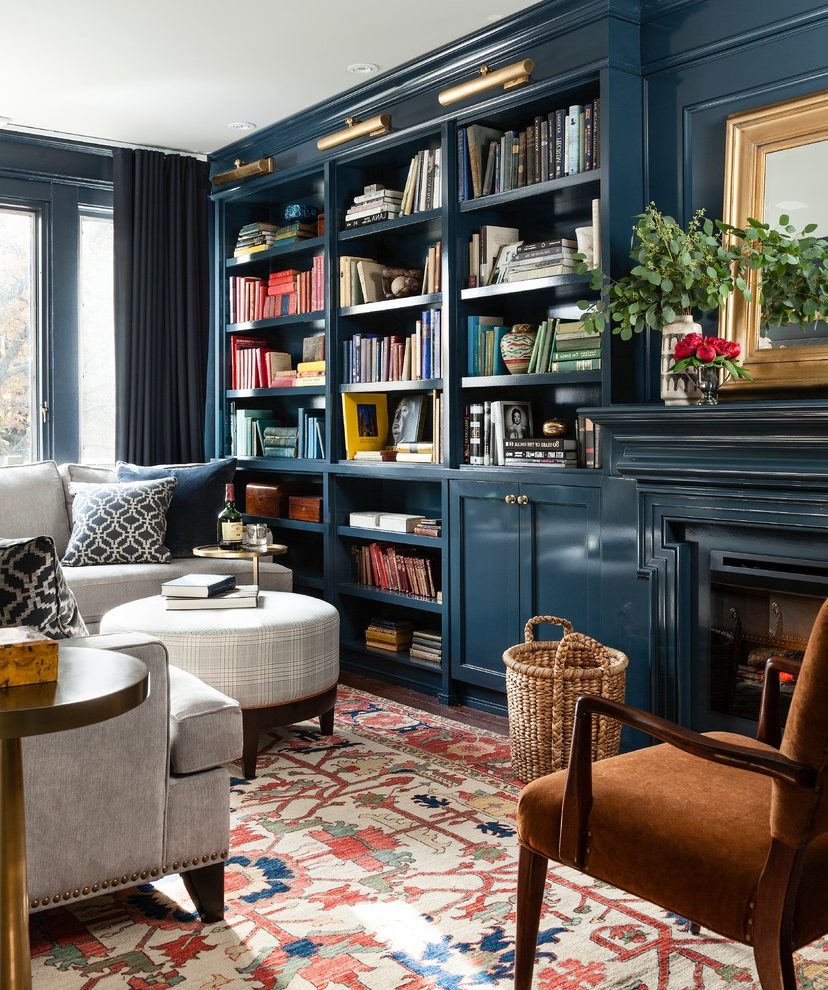 Sofa Between Two Bookcases Baci Living Room   Navy Library Bookcases Built Ins 