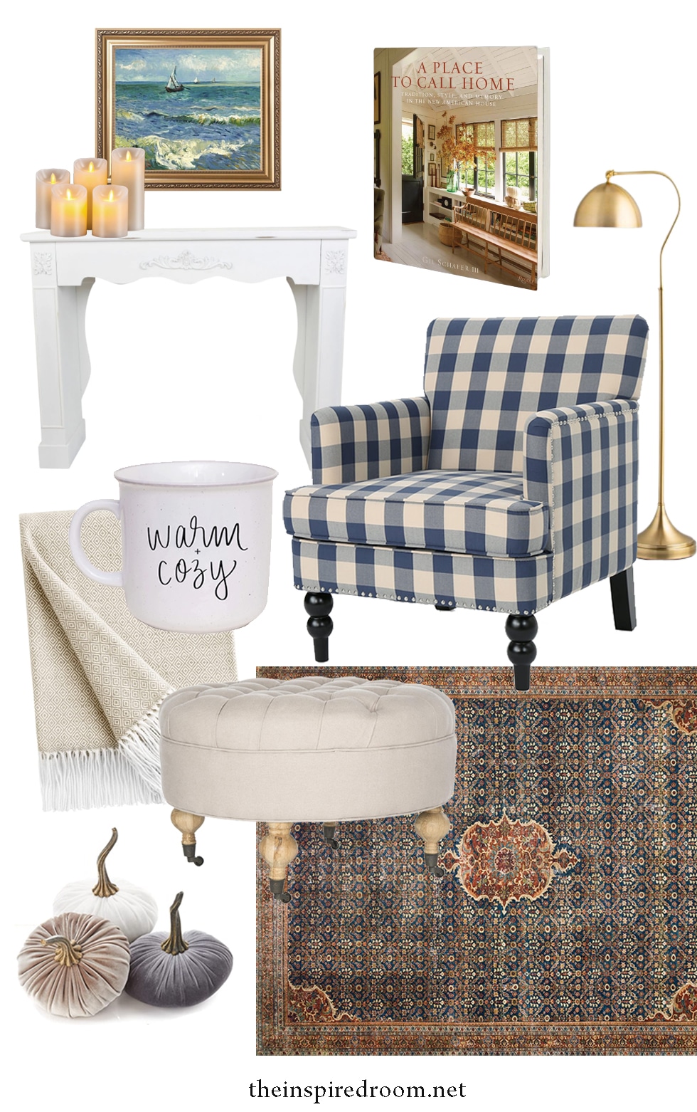 An Inviting Curl Up by the Fire Mood Board (get the mood with a faux fireplace mantel!)