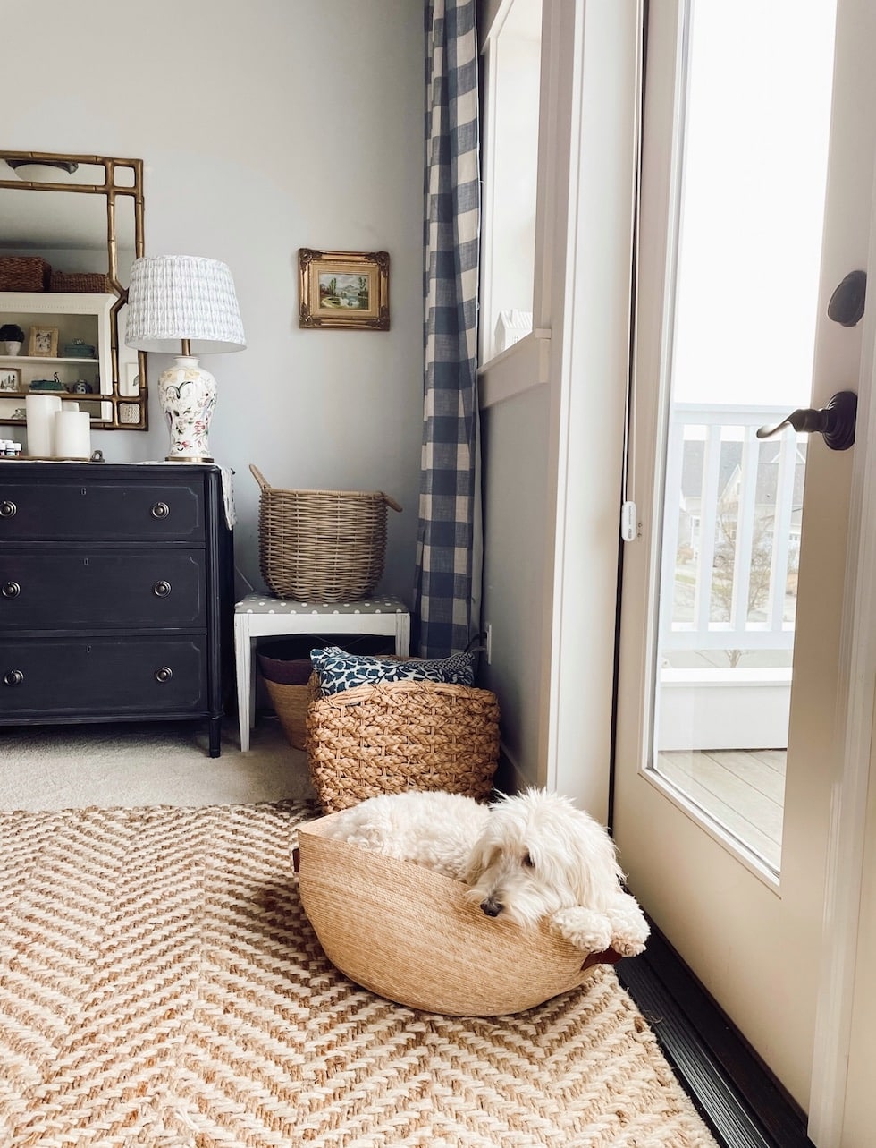 lily labradoodle blue white buffalo check curtains sisal rug the inspired room blog