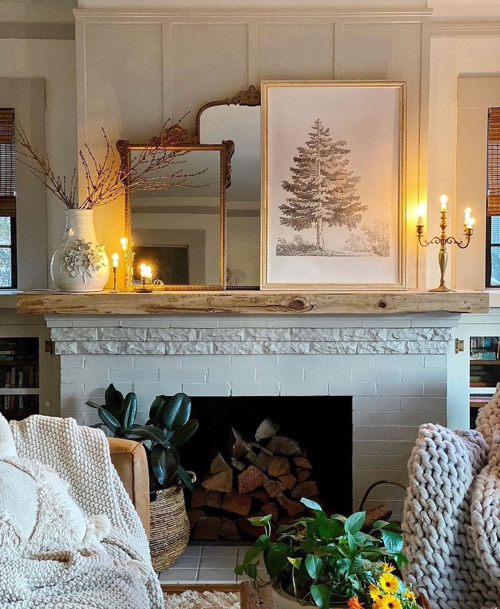 Cozy Winter Fireplace Decorating Sunday Strolls Scrolls The   White Fireplace Winter Decorating Tree Art Candlelight 