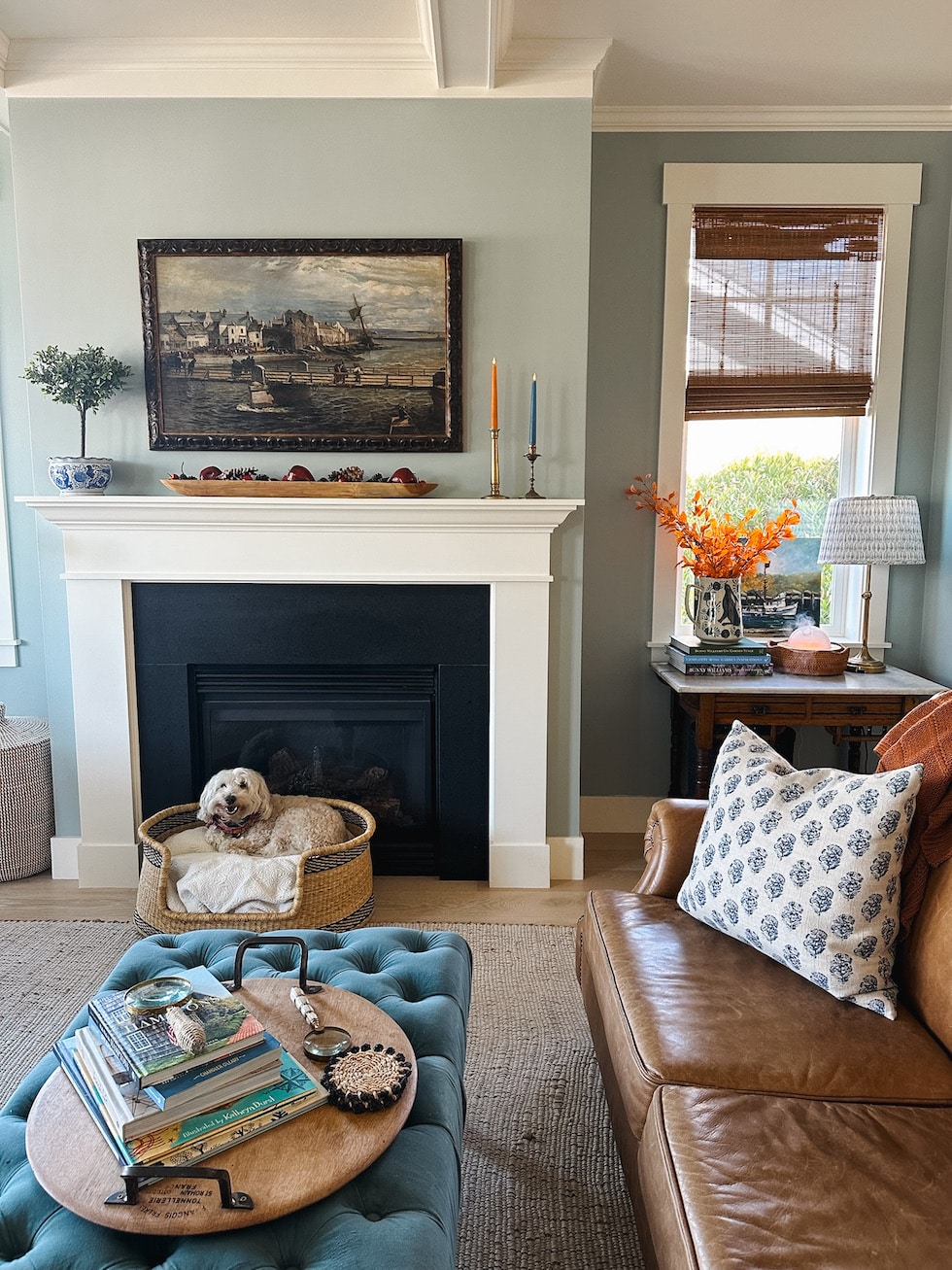 cozy dog basket in a fall home tour