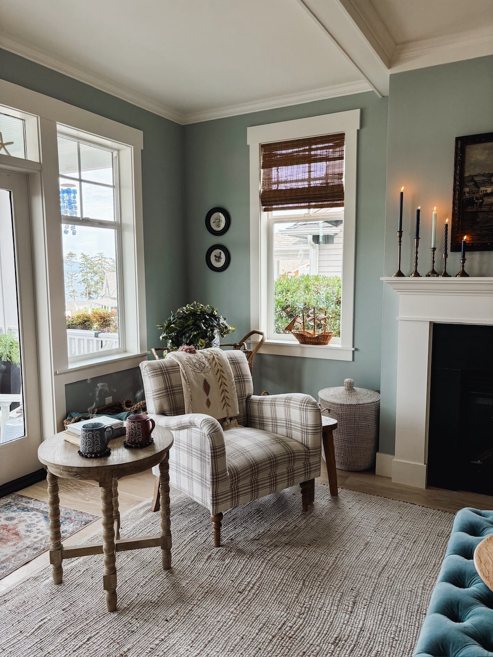 cozy living room corner plaid chair inspired room