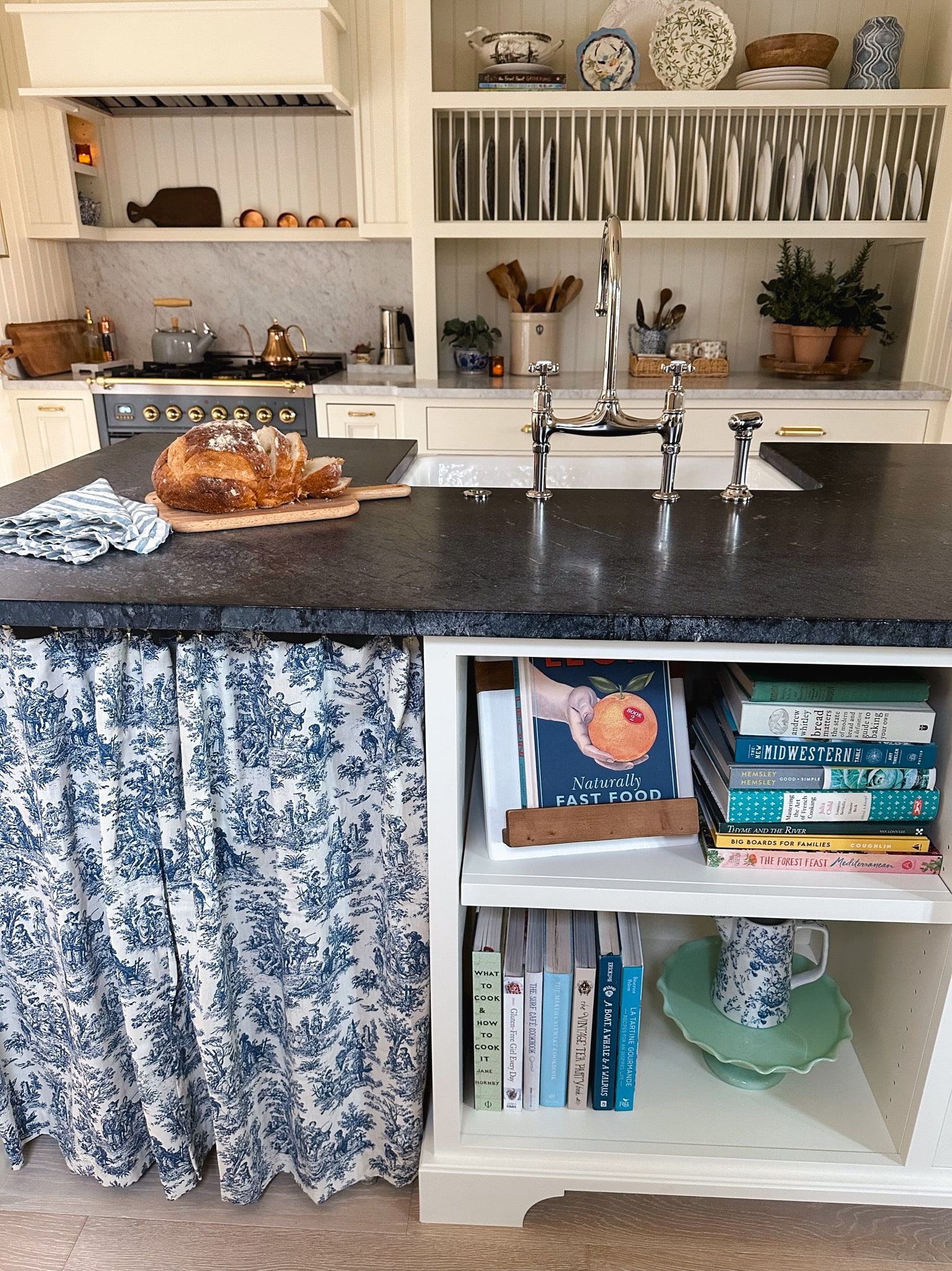 kitchen stool nook toile blue white cafe curtain island inspired room