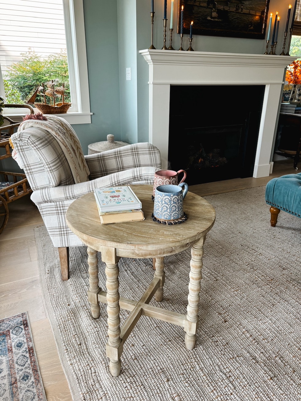 wood accent table spindle legs inspired room