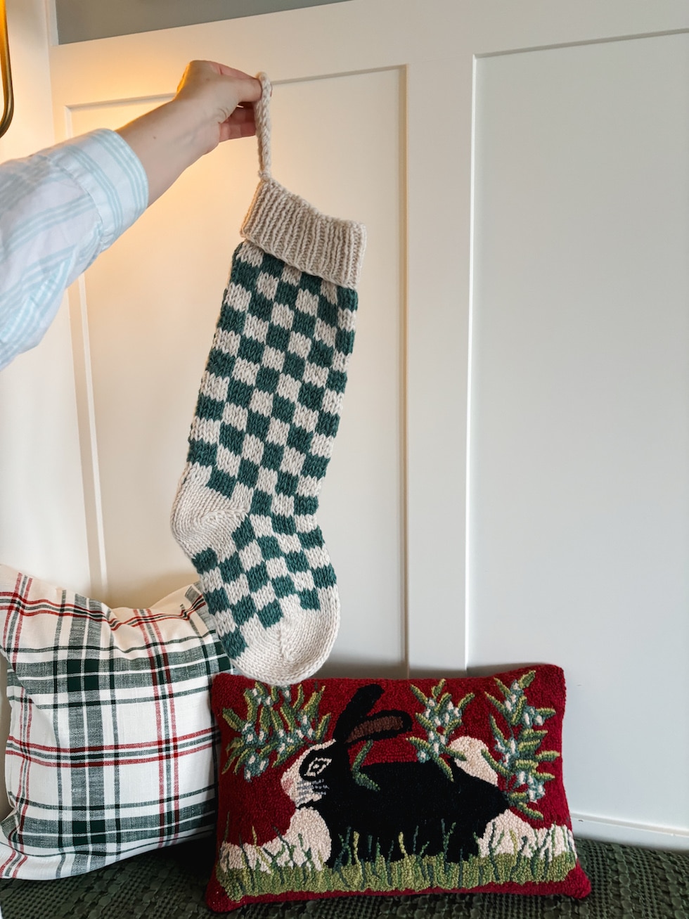 cozy christmas stockings green checkered knit wool hook bunny pillow the inspired room