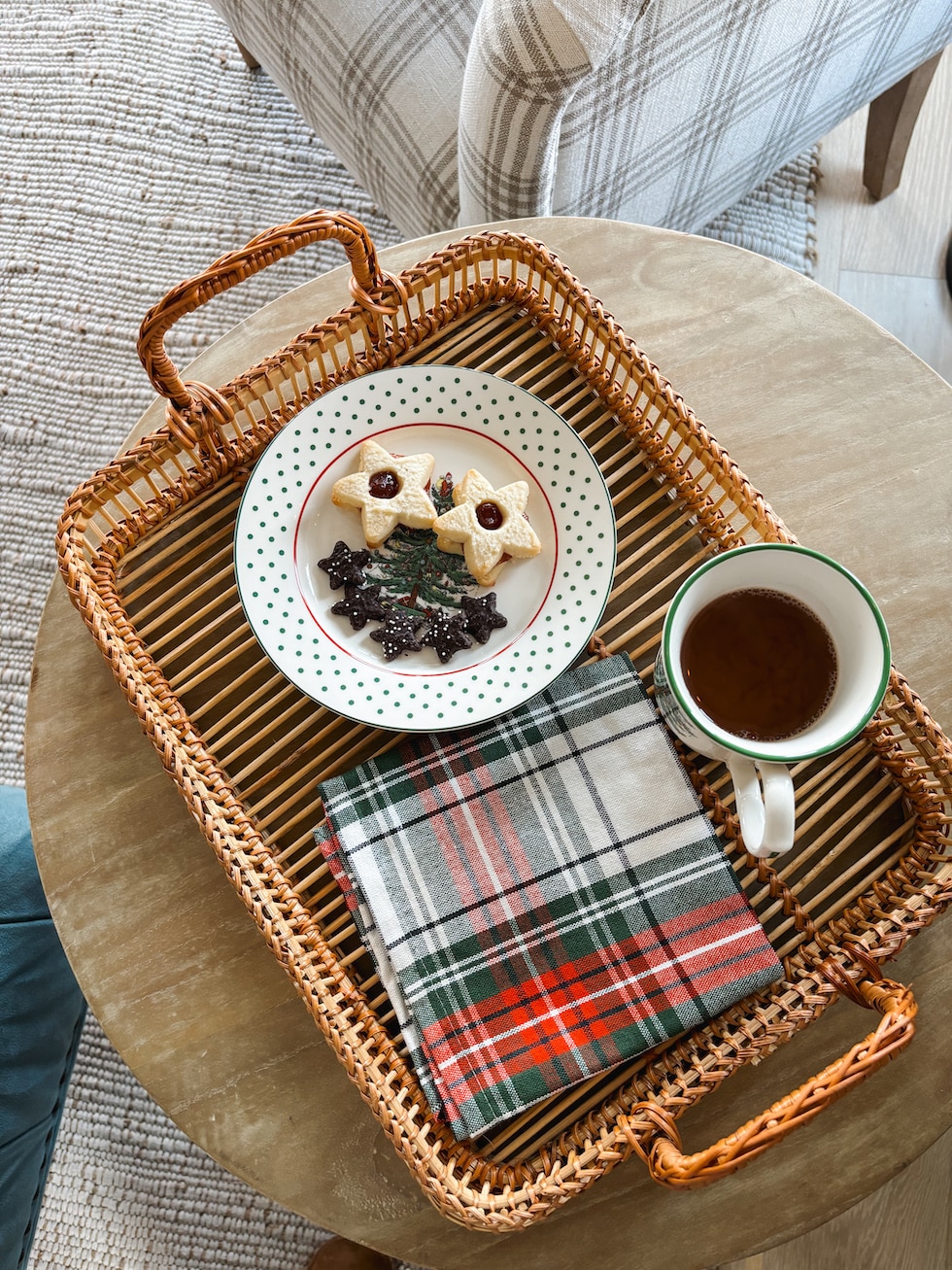 spode tree plates rattan tray christmas cookies plaid napkins holiday decor the inspired room