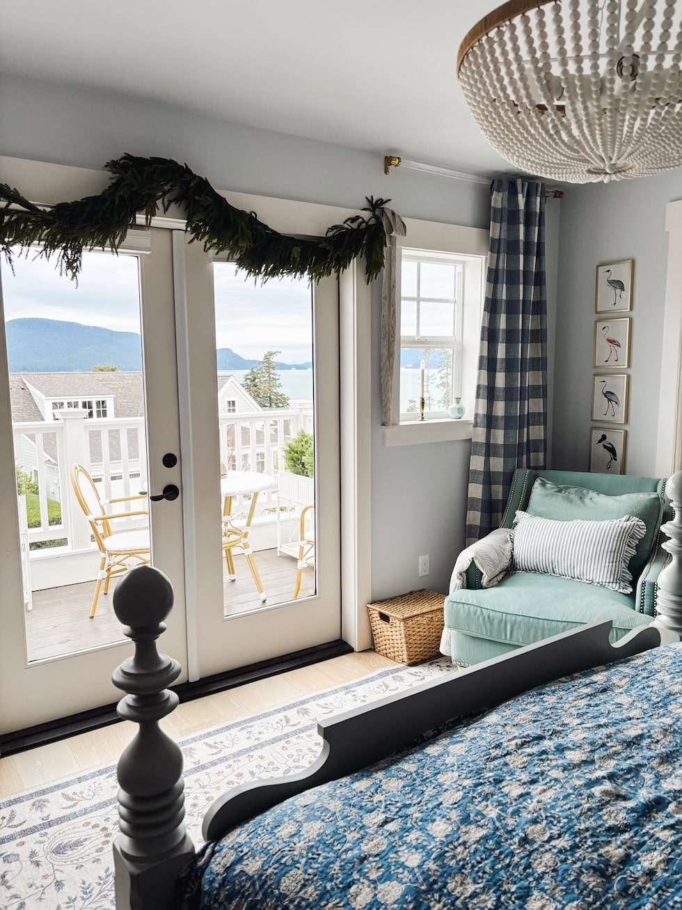 coastal cottage bedroom window candle buffalo check curtains blue white french doors christmas garland the inspired room