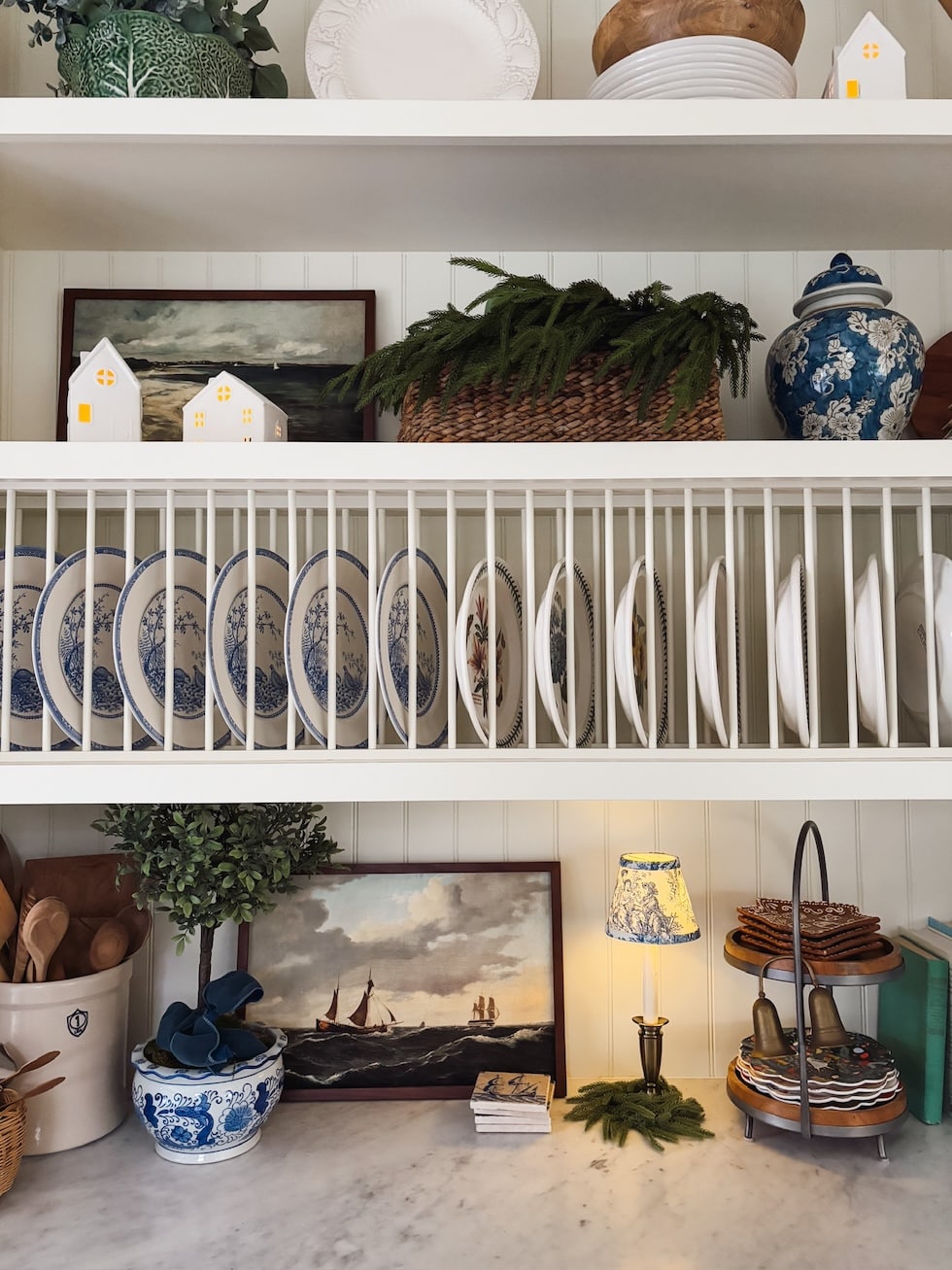 coastal cottage christmas decorating kitchen plate rack open shelving white houses the inspired room