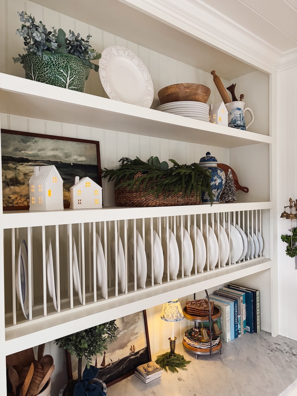 coastal cottage kitchen plate rack christmas decorating open shelving the inspired room