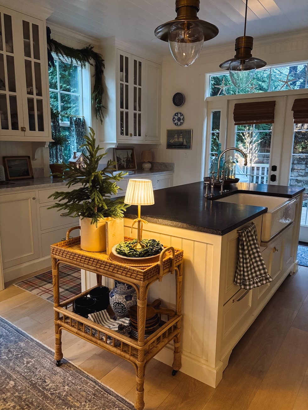 cottage christmas cozy kitchen evening rattan cart the inspired room