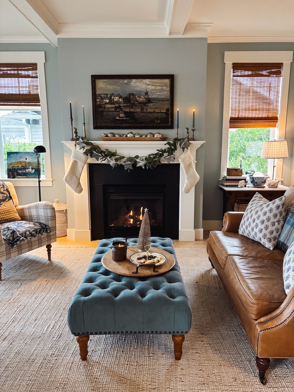 cozy cottage living room christmas decorating blue white the inspired room