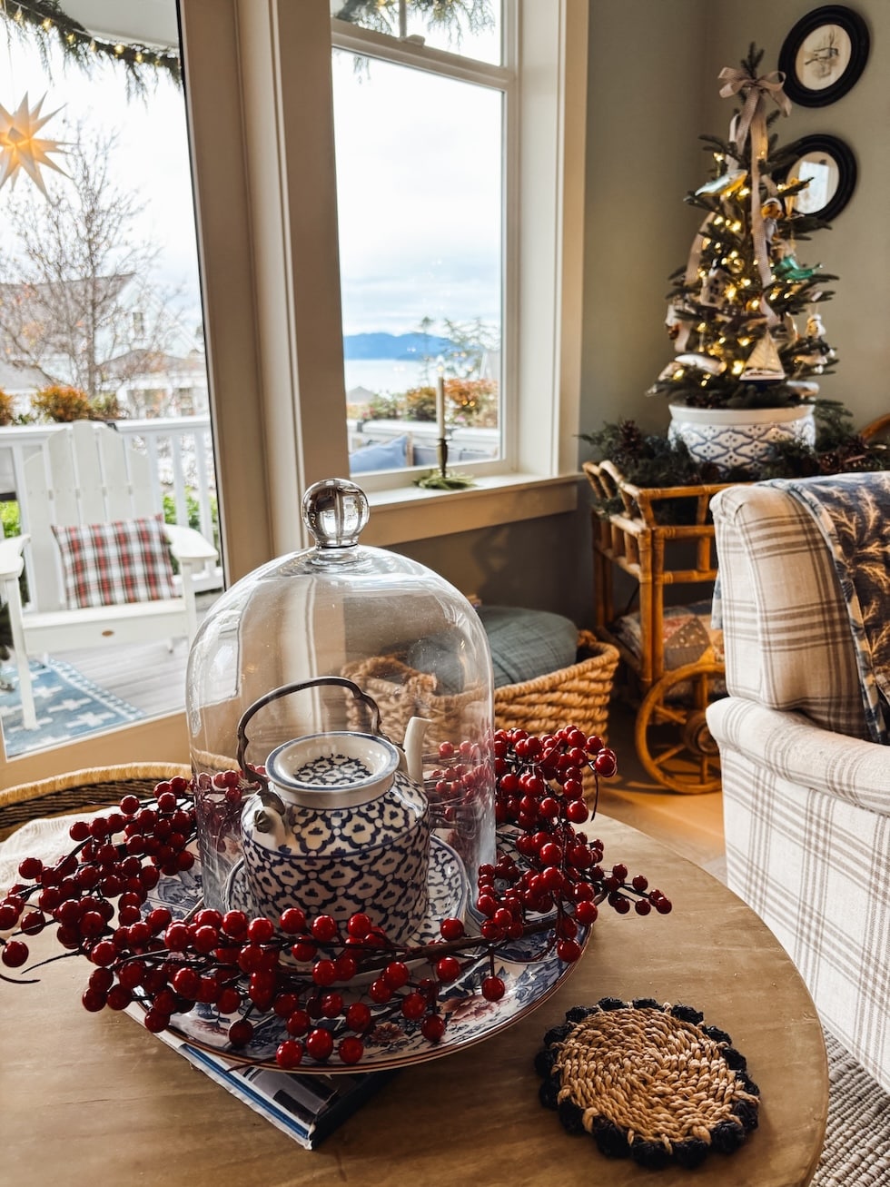 cozy cottage living room christmas decorating cloche red berries the inspired room