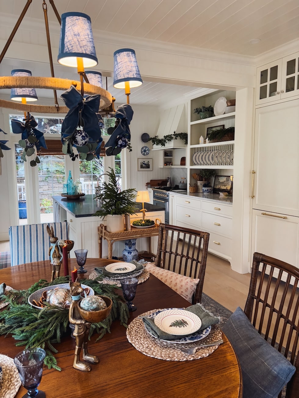 cozy dining room christmas decorating blue white ornaments chandelier white kitchen the inspired room