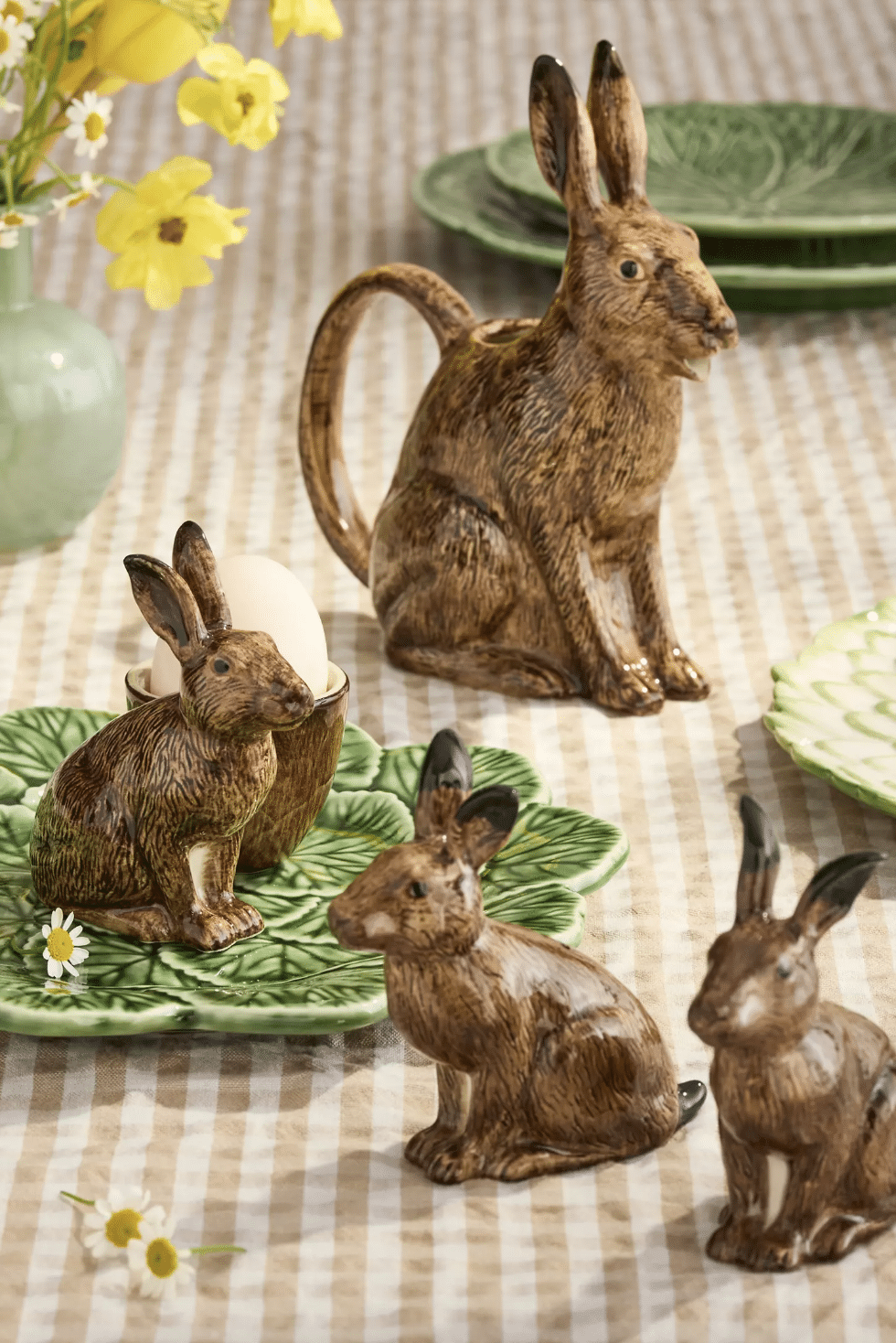 brown bunny salt pepper shakers egg holder pitcher cabbage plates gingham tablecloth terrain