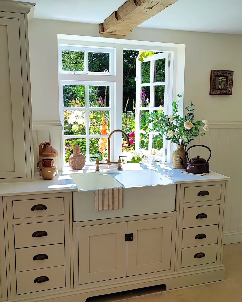 cottage kitchen inspiration farmhouse sink wood beam