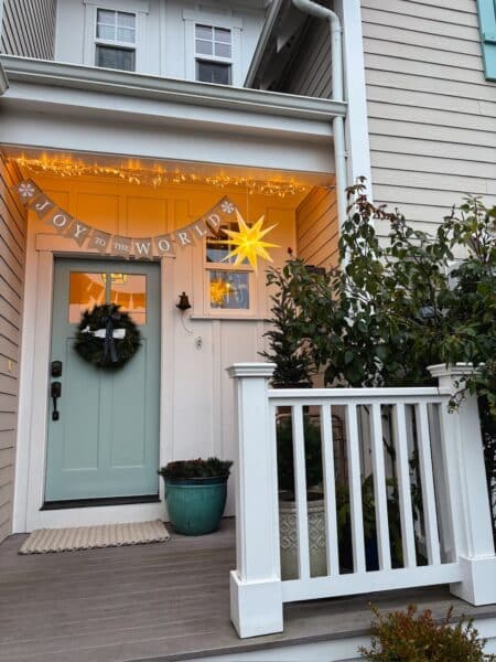 Our Christmas Porch (with our Charming Whale Wreath, Festive Banner and Stars!)