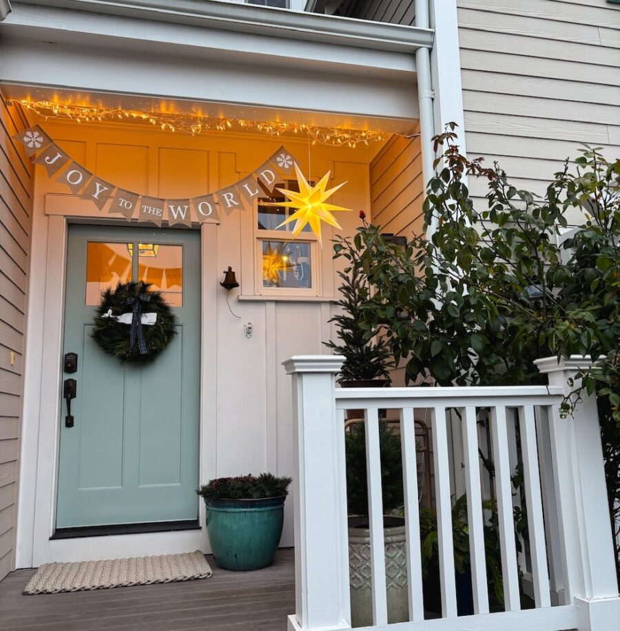 Our Christmas Porch (with our Charming Whale Wreath, Festive Banner and Stars!)